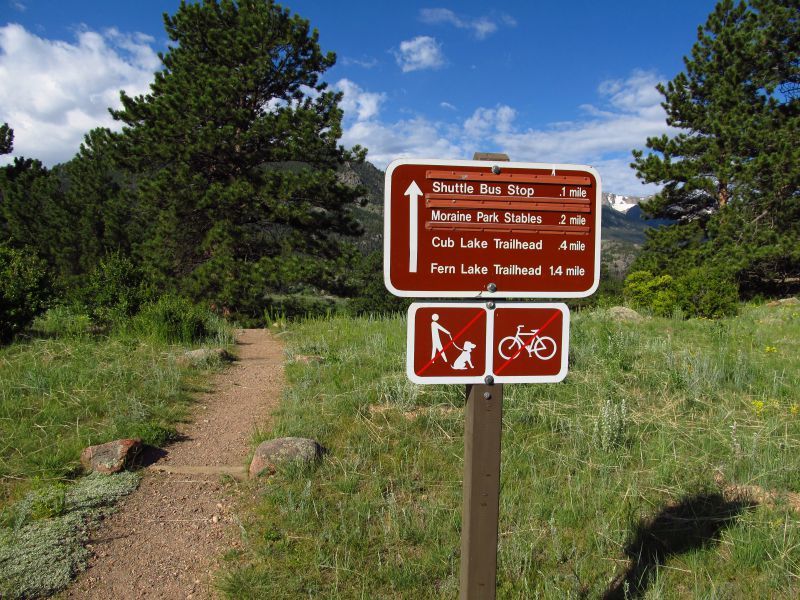 Moraine Park Loop with sign showing distances to different trailheads