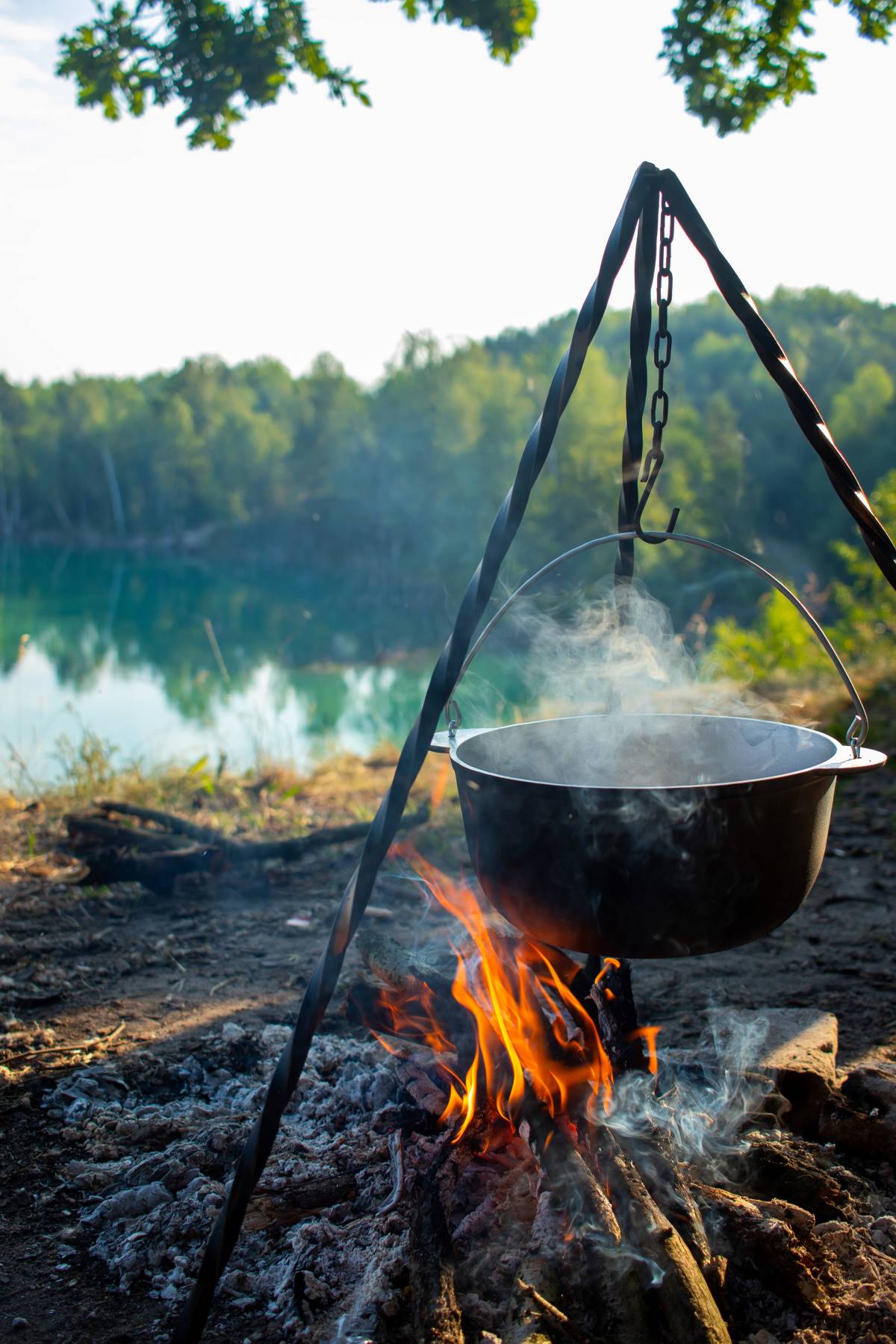 Camping Dutch oven hanging on a tripod