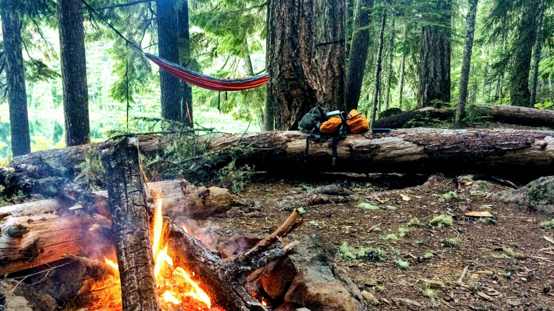 Campsite with a hammock and campfire - Hello Trail