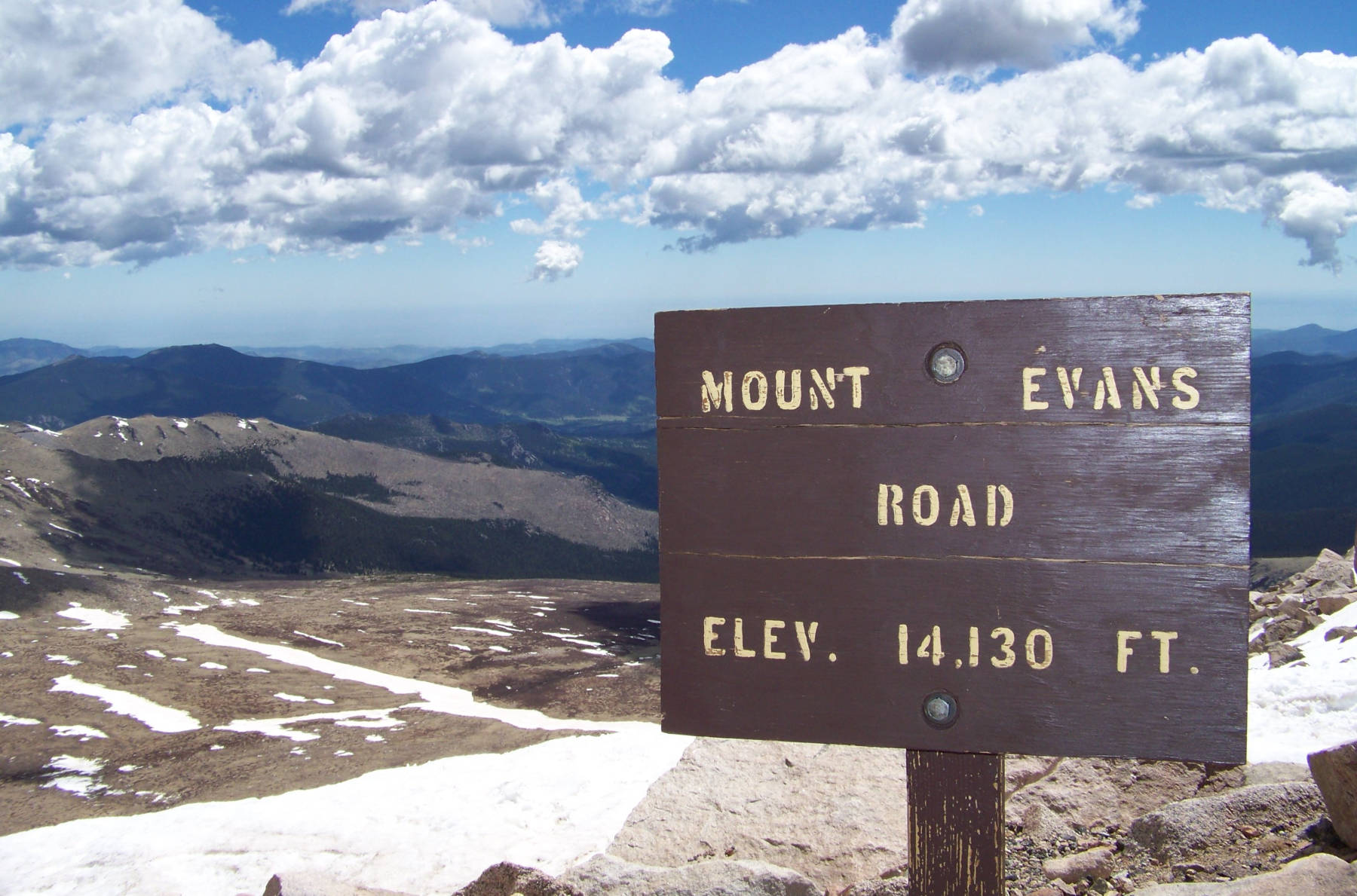 Mount Evans elevation sign denoting the 14,130 ft high mountain peak in Colorado - HelloTrail