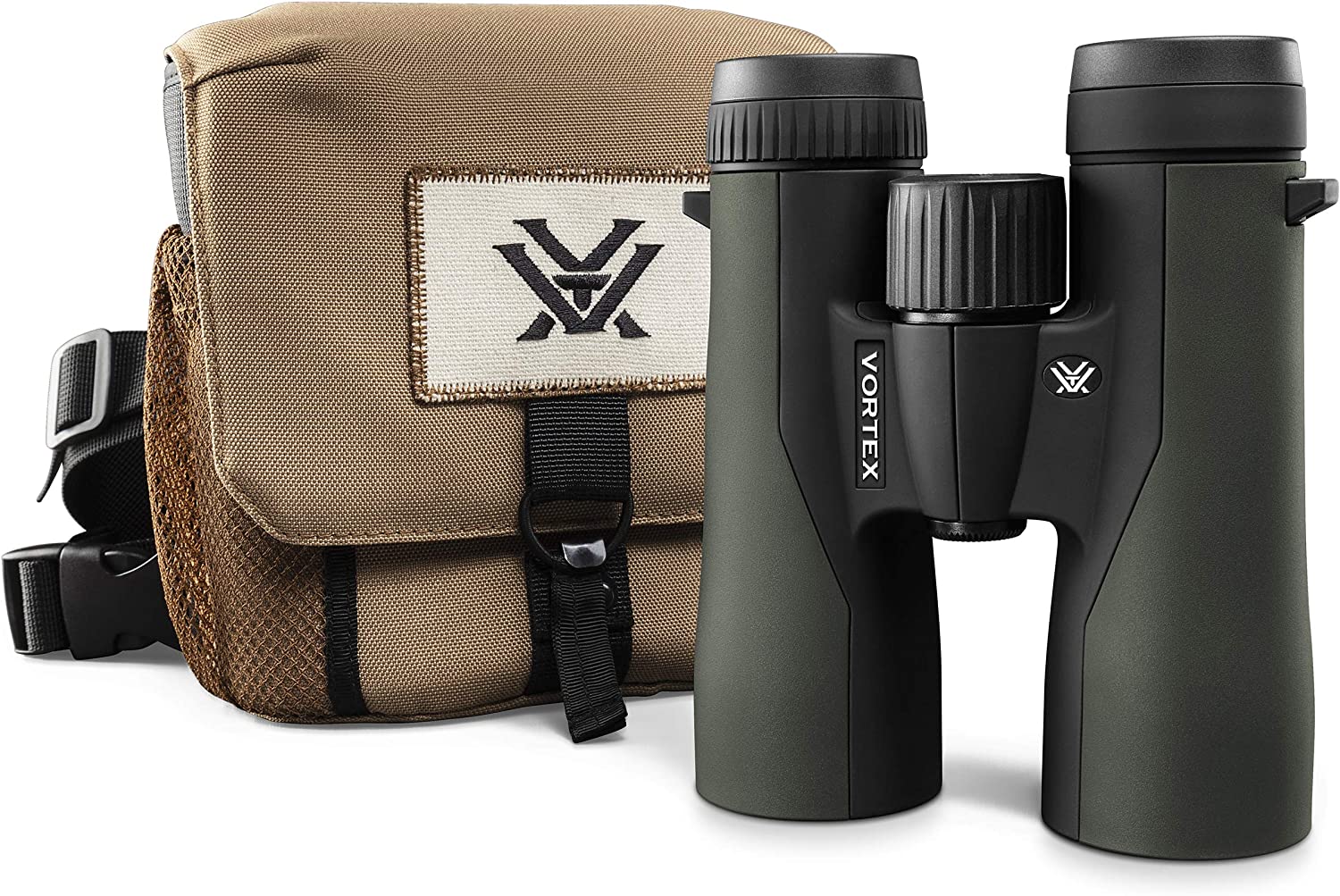 Green Vortex Crossfire Binoculars with its tan carrying case